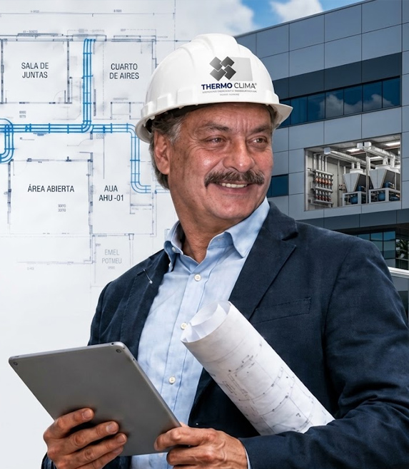 Ingeniero de Thermo Clima revisando planos de un proyecto HVAC